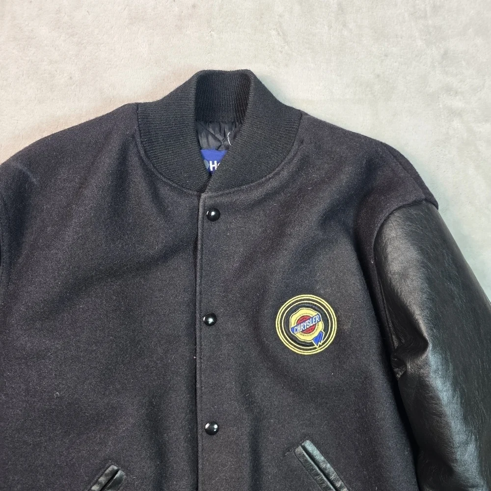 Vintage Holloway Chrysler Varsity Jacket Sz M Wool Leather Varsity Black USA 90s